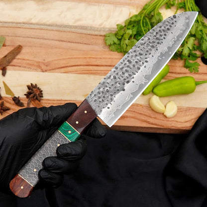 Custom Damascus Kitchen Knife | 7” 440C Stainless Steel Chef Knife with Honeycomb Resin & Malachite Handle Arham Cutlery