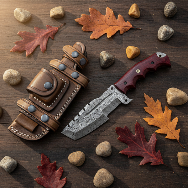 Damascus Tracker Knife with Micarta Handle & Leather Sheath Arham Cutlery