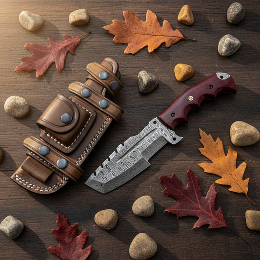Damascus Tracker Knife with Micarta Handle & Leather Sheath Arham Cutlery