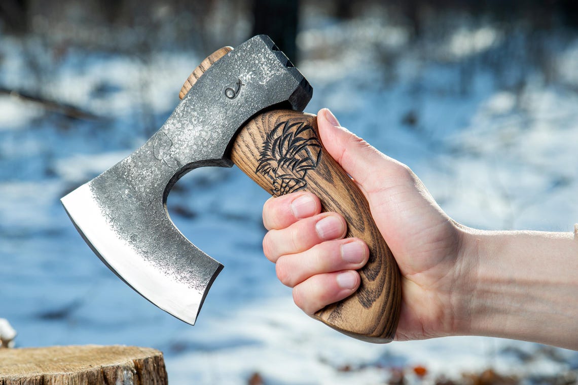 Arham Cutlery Mini Norse Hatchet – Handmade Bearded Viking Axe with Carved Wooden Grip Arham Cutlery