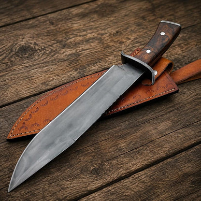 Classic Carbon Steel Bowie Knife with Wood Grip & Leather Sheath Arham Cutlery