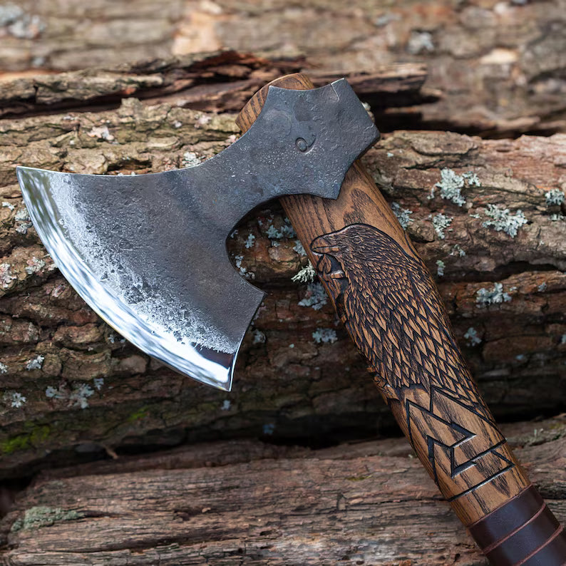 Handmade Odin Viking Forest Axe – Baltic Carving Hatchet with Ash Wood Handle & Leather Case Arham Cutlery