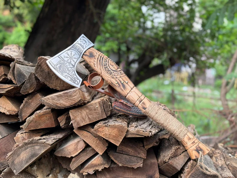 Nordic Heritage Engraved Axe – Handmade Viking Hatchet with Carved Handle & Leather Cover Arham Cutlery