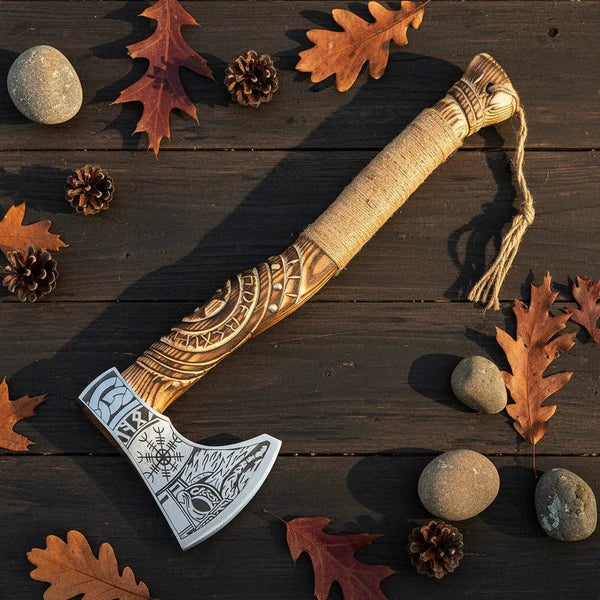 Carved Norse Axe with Engraved High Carbon Steel Head Arham Cutlery