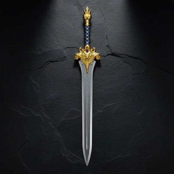 Ornate Gold Lion Broad Sword with Blue Leather Grip Arham Cutlery