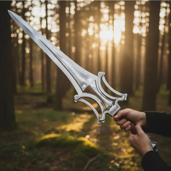 Ornate Silver Guard Fantasy Sword with Brown Leather Handle Arham Cutlery