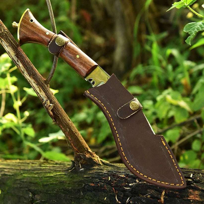 A fixed-blade knife with a polished wooden handle and brass bolster, shown resting in a brown leather sheath on a log outdoors with green foliage in the background.