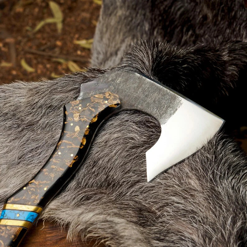 Custom Handmade Outdoor Hatchet with Turquoise Resin Handle | High Carbon Steel Bushcraft & Camping Axe Arham Cutlery