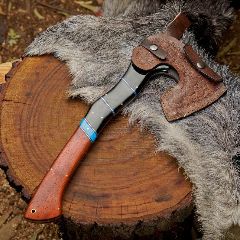 Custom Handmade Outdoor Hatchet with Turquoise & Resin Handle | 1095 High Carbon Steel Bushcraft Axe Arham Cutlery