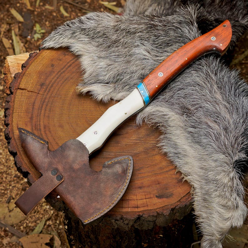 Custom Bushcraft Hatchet with Paddock Wood Handle | Handmade 1095 Steel Outdoor Axe with Leather Sheath Arham Cutlery