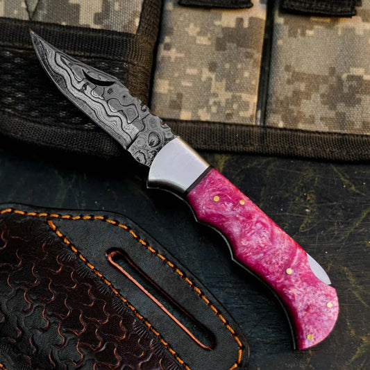 Artisan Damascus Pocket Folder with Colorful Resin Handle Arham Cutlery