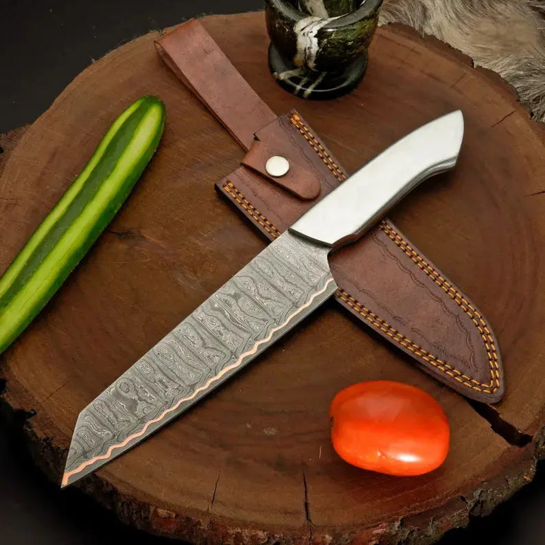 Personalized Copper Damascus Kitchen Knife with Silver Handle Arham Cutlery