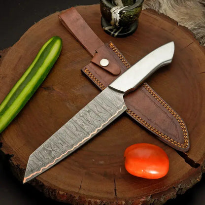 Personalized Copper Damascus Kitchen Knife with Silver Handle Arham Cutlery