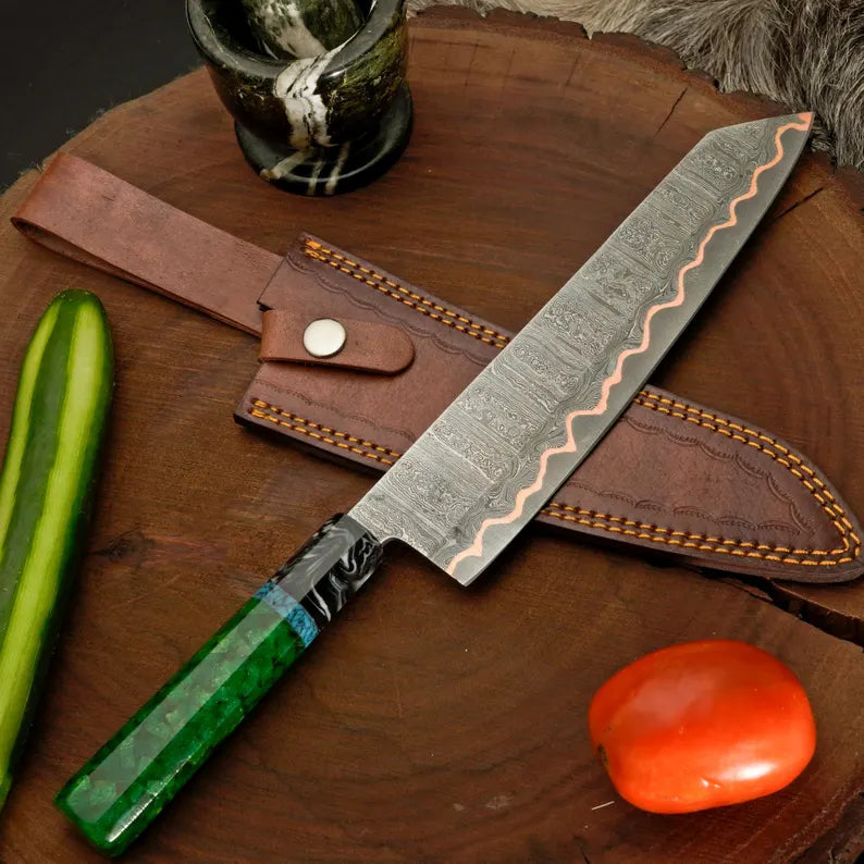 Personalized Damascus Kitchen Knife with Green Resin Handle Arham Cutlery