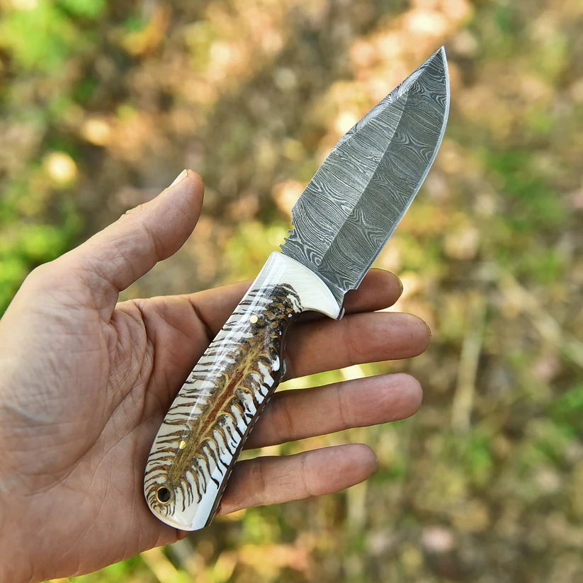 A hand holding a fixed-blade knife outdoors, with a blurred natural background of green and brown foliage. The knife features a patterned Damascus steel blade and a handle made from a natural wood grain inlay over a white base.