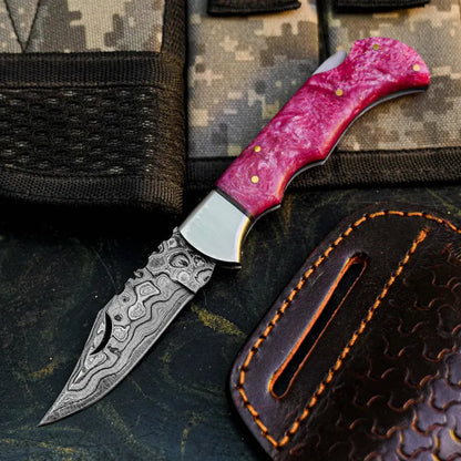 Artisan Damascus Pocket Folder with Colorful Resin Handle Arham Cutlery