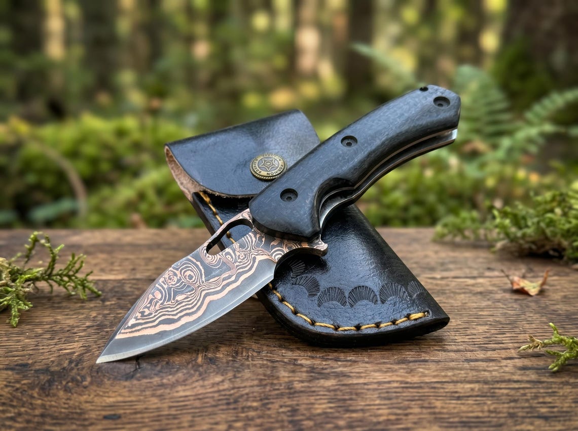 Custom Copper Damascus Pocket Knife with Leather Sheath – Handmade Folding EDC Knife for Collectors & Outdoorsmen Arham Cutlery