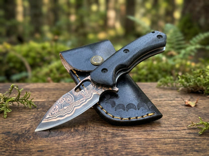 Custom Copper Damascus Pocket Knife with Leather Sheath – Handmade Folding EDC Knife for Collectors & Outdoorsmen Arham Cutlery