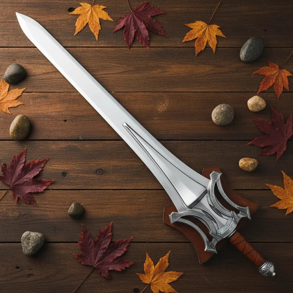 Ornate Silver Guard Fantasy Sword with Brown Leather Handle Arham Cutlery