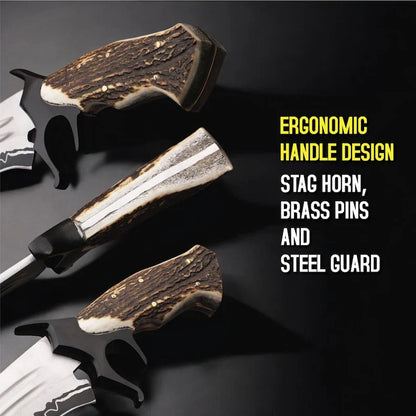Three fixed-blade knives with stag horn handles and black guards are arranged diagonally on a dark background, with text reading 'ERGONOMIC HANDLE DESIGN', 'STAG HORN, BRASS PINS AND STEEL GUARD'.