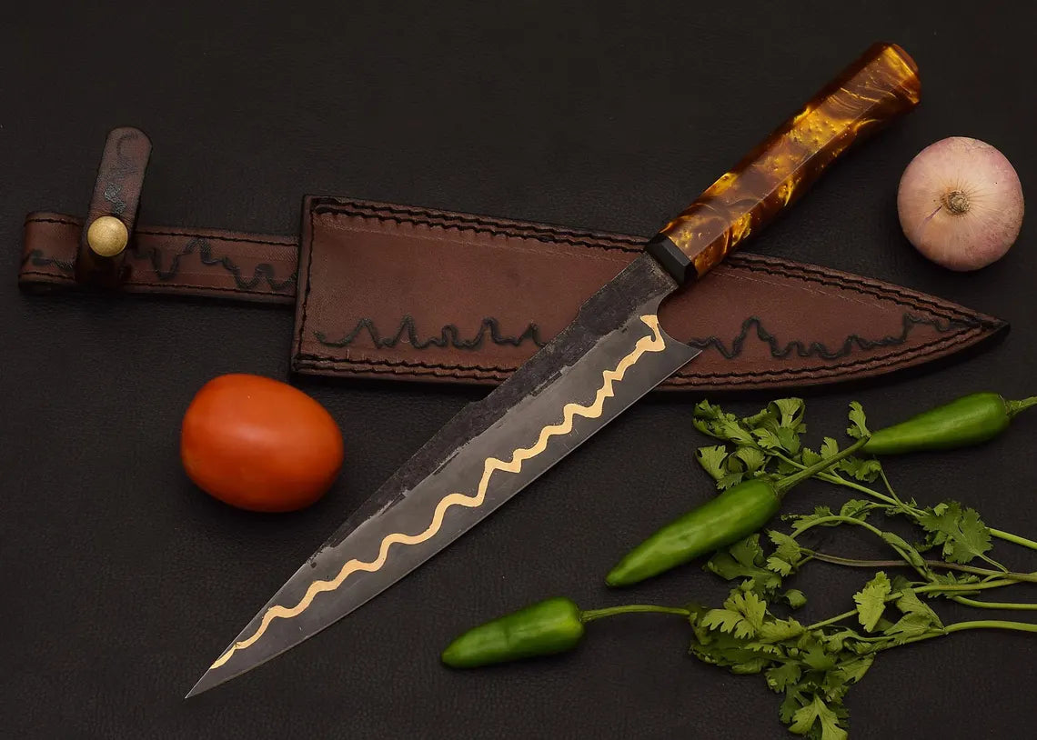Custom Forged Copper Damascus Kitchen Knife | Amber Resin Chef Knife with Genuine Leather Sheath Arham Cutlery