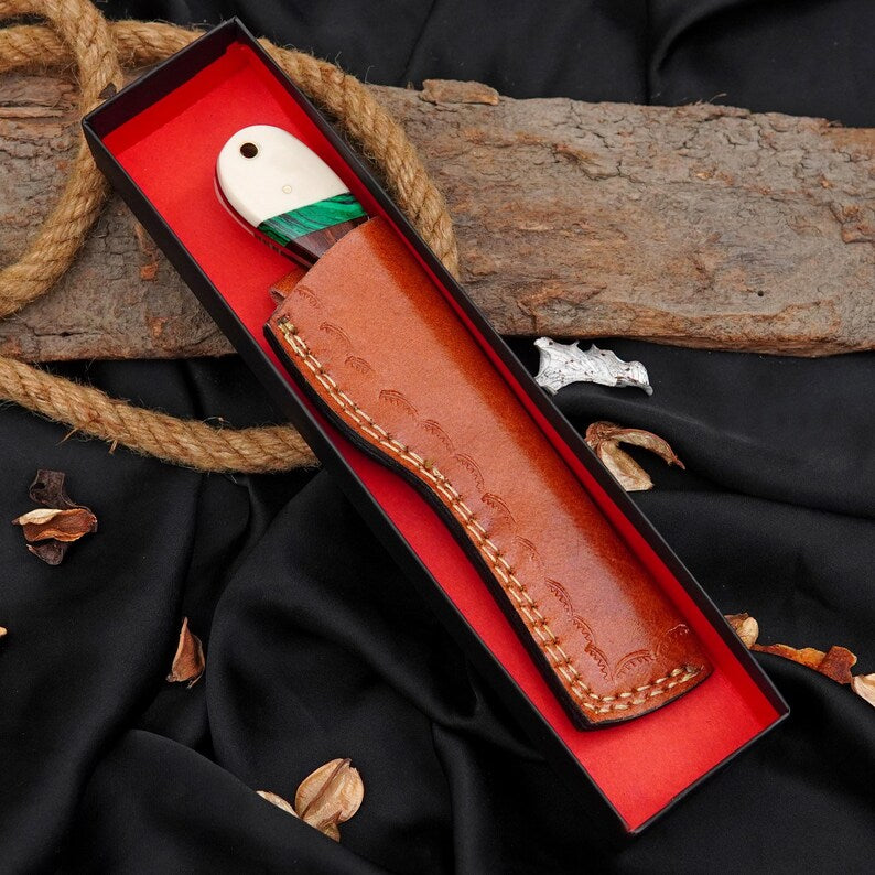 Custom Copper Damascus Bull Cutter with Stone & Resin Handle | Handmade Fixed Blade Knife with Leather Sheath Arham Cutlery