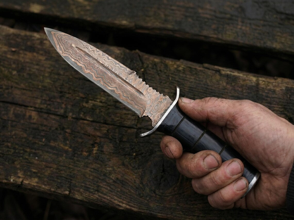 Custom Copper Damascus Fixed Blade Knife – Handmade Wooden Handle Hunting Knife with Leather Sheath Arham Cutlery