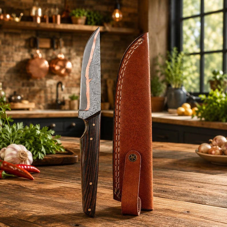 Custom Copper Damascus Kitchen Knife | Handmade 440C Steel Chef Knife with Wenge Wood Handle Arham Cutlery