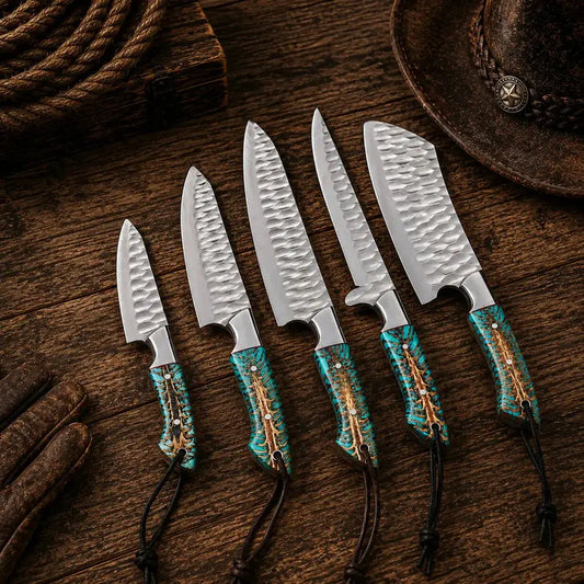 Set of five knives with turquoise handles on a wooden surface, surrounded by rustic items.