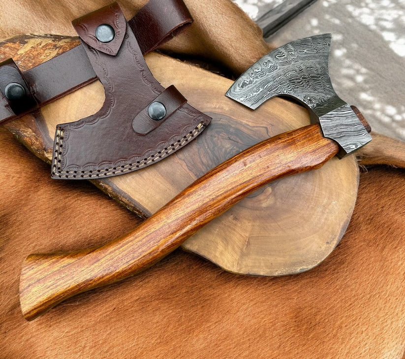 Artisan Damascus Hatchet with Rosewood Grip | Handmade Twisted Pattern Steel Axe & Leather Sheath Arham Cutlery