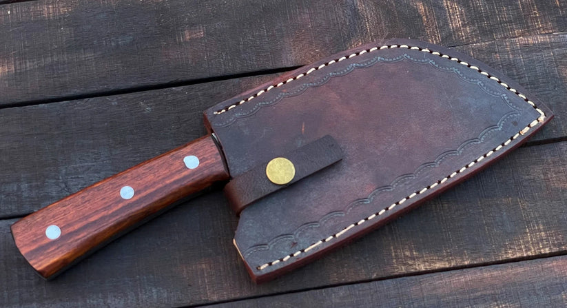 Premium Handmade Damascus Butcher Cleaver with Leather Sheath | Custom Full Tang Kitchen Chopper Knife Arham Cutlery
