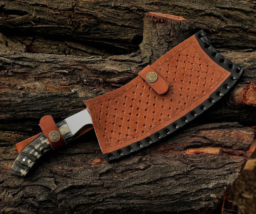Custom Handmade Damascus Cleaver Knife with Ram Horn Handle – Chef Chopper Knife with Leather Sheath Arham Cutlery