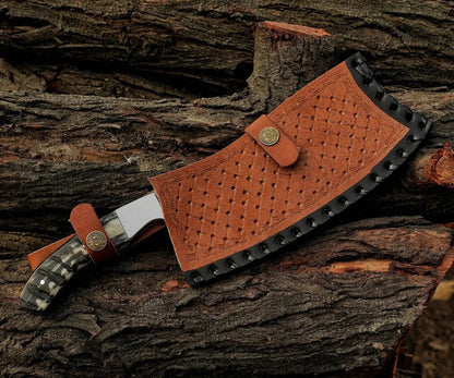 Custom Handmade Damascus Cleaver Knife with Ram Horn Handle – Chef Chopper Knife with Leather Sheath Arham Cutlery