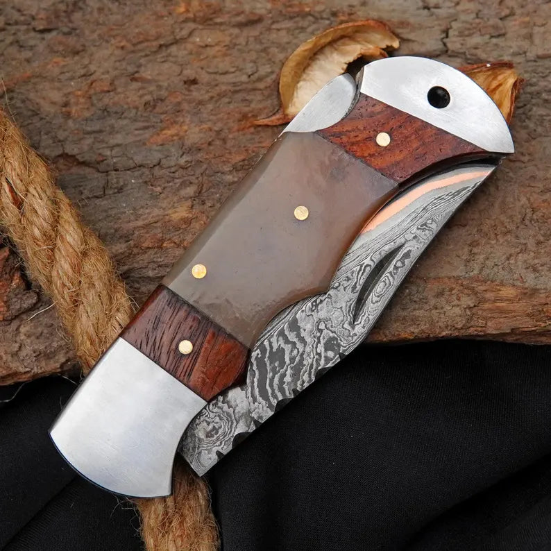 Custom Damascus Pocket Knife with Rosewood & Ram Horn Handle | Handmade Folding Collector Knife Arham Cutlery