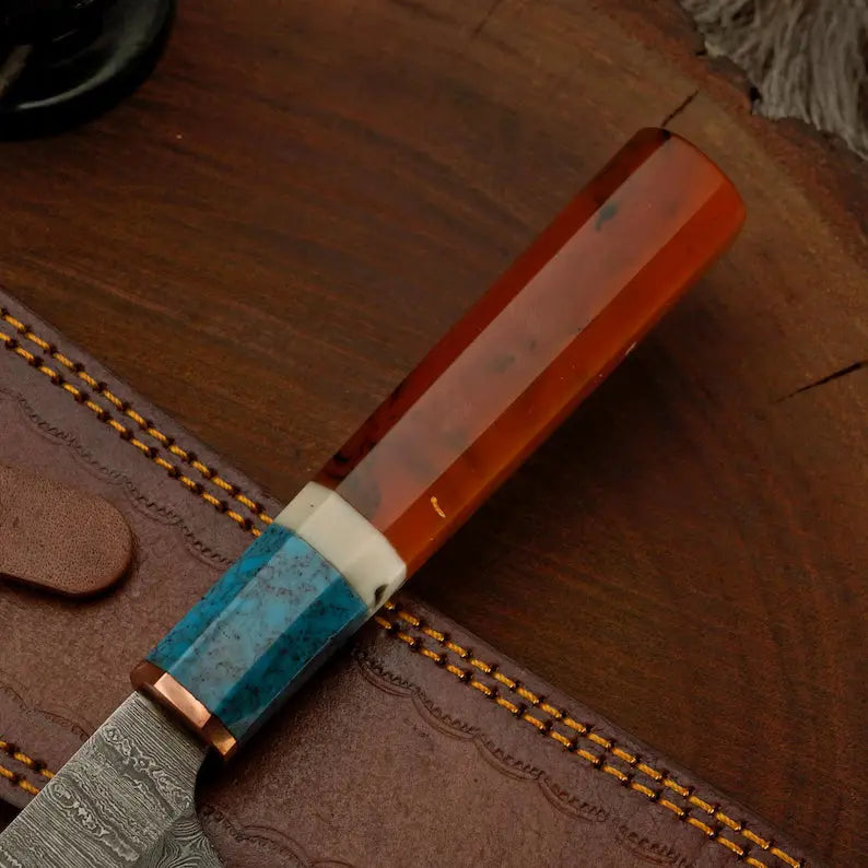 Artisan Copper Damascus Kitchen Knife, 8 Inch Blade, Resin & Leather Sheath Arham Cutlery