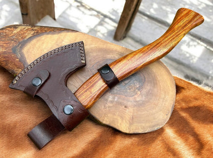Artisan Damascus Hatchet with Rosewood Grip | Handmade Twisted Pattern Steel Axe & Leather Sheath Arham Cutlery