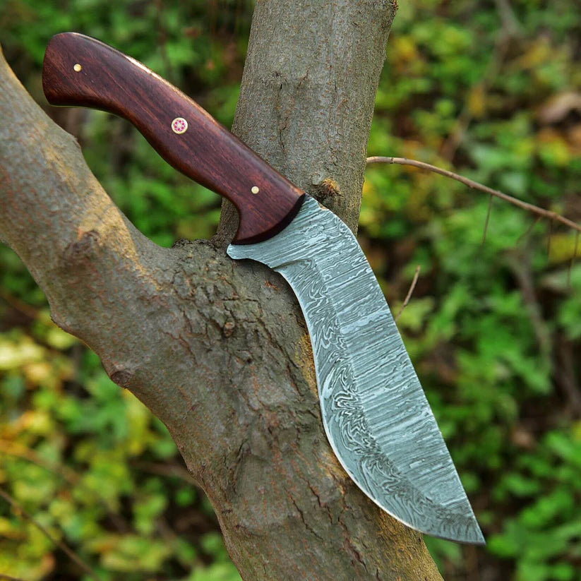 Custom Handmade Damascus Steel Kukri EDC Knife with Rosewood Handle – Fixed Blade Hunting Knife with Leather Sheath Arham Cutlery