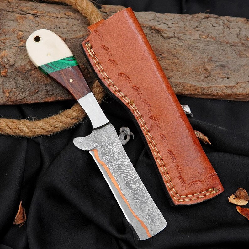 Custom Copper Damascus Bull Cutter with Stone & Resin Handle | Handmade Fixed Blade Knife with Leather Sheath Arham Cutlery