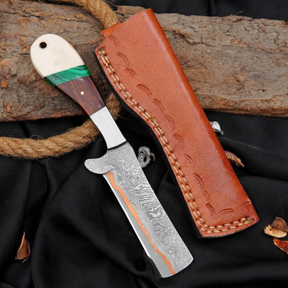 Custom Copper Damascus Bull Cutter with Stone & Resin Handle | Handmade Fixed Blade Knife with Leather Sheath Arham Cutlery