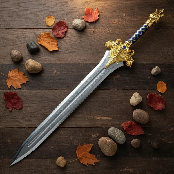 Ornate Gold Lion Broad Sword with Blue Leather Grip Arham Cutlery