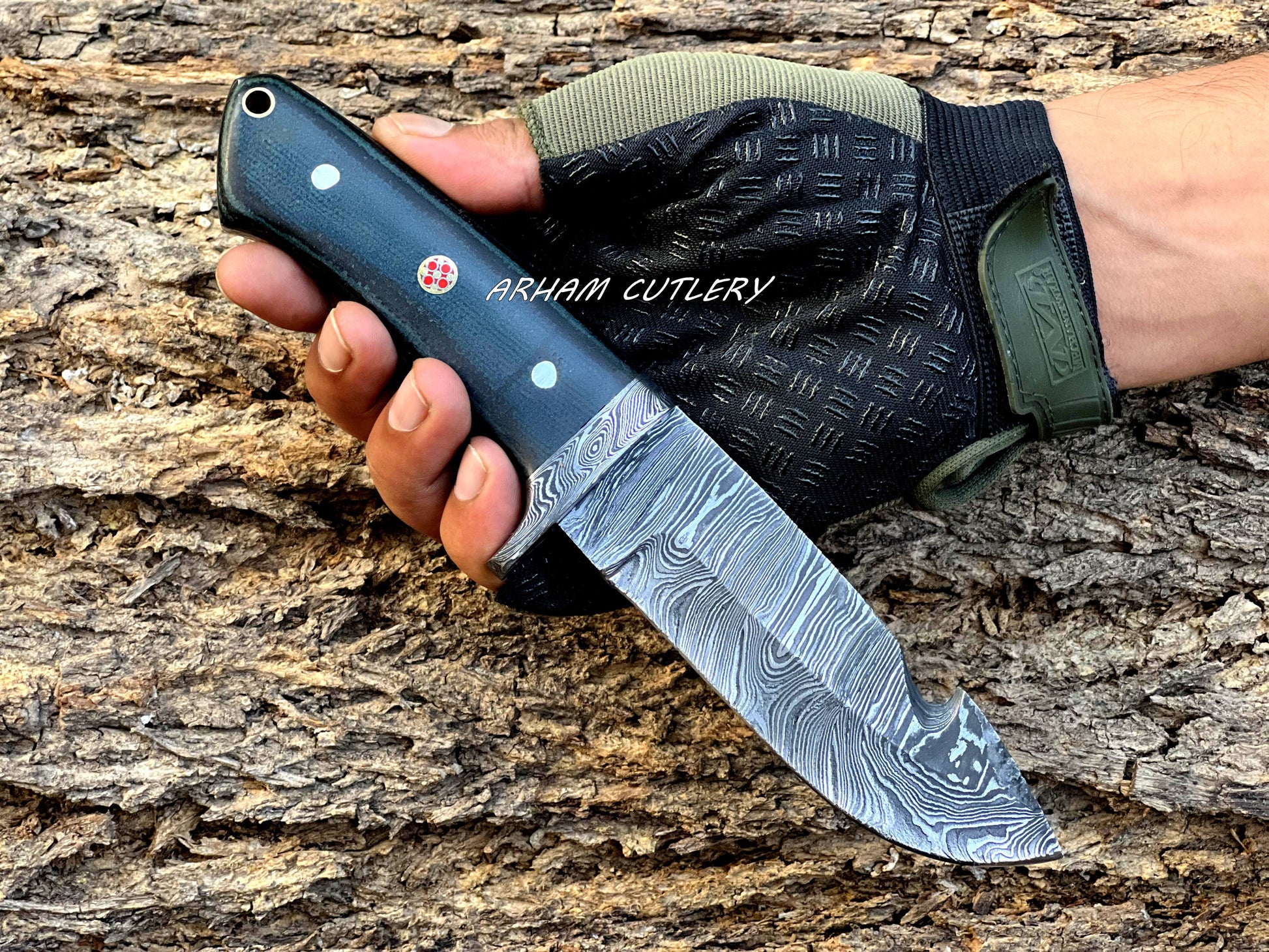 Damascus steel gut hook hunting skinner knife with micarta handle, damascus guard, and leather sheath – Arham Cutlery