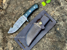 Cargar imagen en el visor de la galería, Damascus steel gut hook hunting skinner knife with micarta handle, damascus guard, and leather sheath – Arham Cutlery
