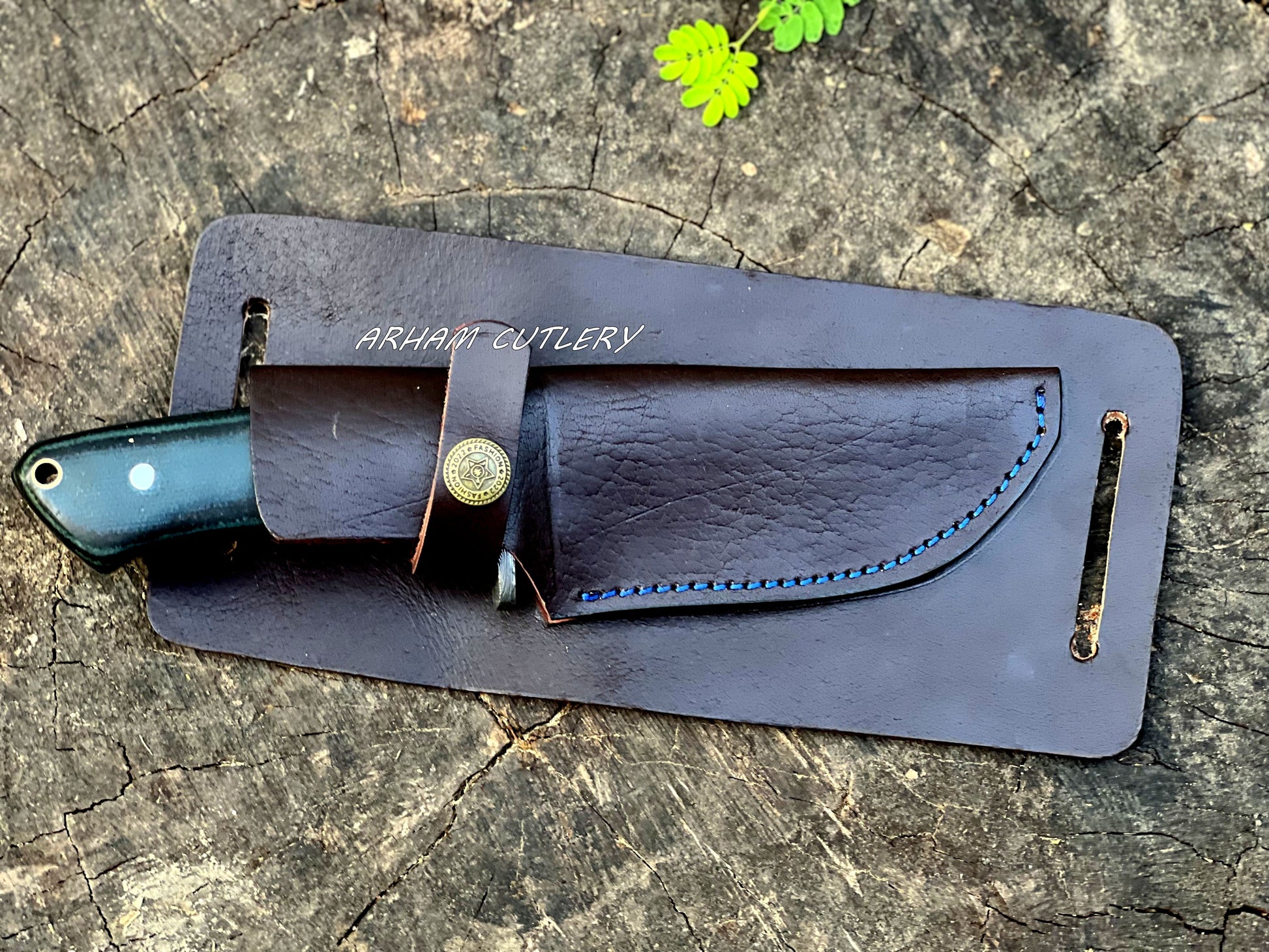 Damascus steel gut hook hunting skinner knife with micarta handle, damascus guard, and leather sheath – Arham Cutlery