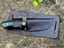 Cargar imagen en el visor de la galería, Damascus steel gut hook hunting skinner knife with micarta handle, damascus guard, and leather sheath – Arham Cutlery
