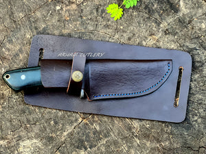 Damascus steel gut hook hunting skinner knife with micarta handle, damascus guard, and leather sheath – Arham Cutlery