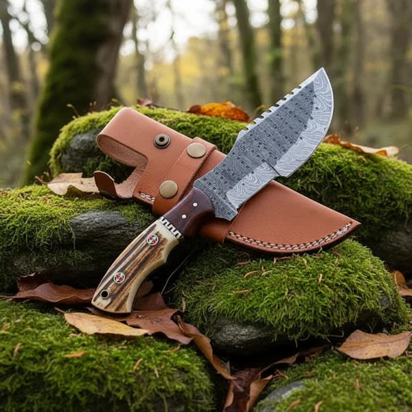 Stag Antler Damascus Tracker Knife with Leather Sheath Arham Cutlery