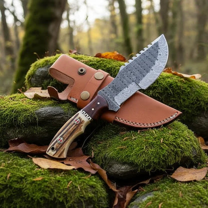 Stag Antler Damascus Tracker Knife with Leather Sheath Arham Cutlery