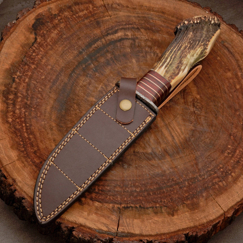 A fixed-blade knife with a natural antler-style handle and a dark brown leather sheath, displayed diagonally on a rustic wood log slice background.