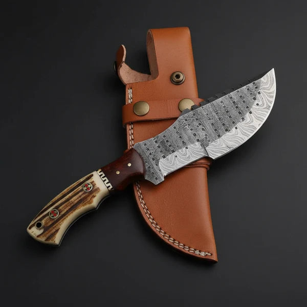 Stag Antler Damascus Tracker Knife with Leather Sheath Arham Cutlery