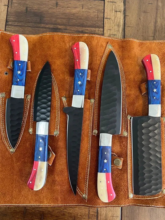 Handmade D2 Steel Texas Flag 5-Piece Chef Knife Set – Hammered Blades with Wood & Camel Bone Handles and Leather Carry Bag | Arham Cutlery - Arham Cutlery
